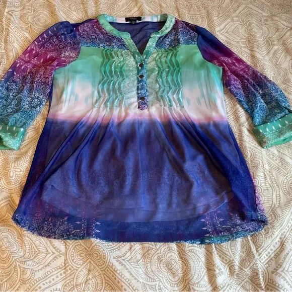 COCOMO Women’s Petite Blouse Size PS Multicolor  V-neck  3/4-length sleeves. - Picture 4 of 11